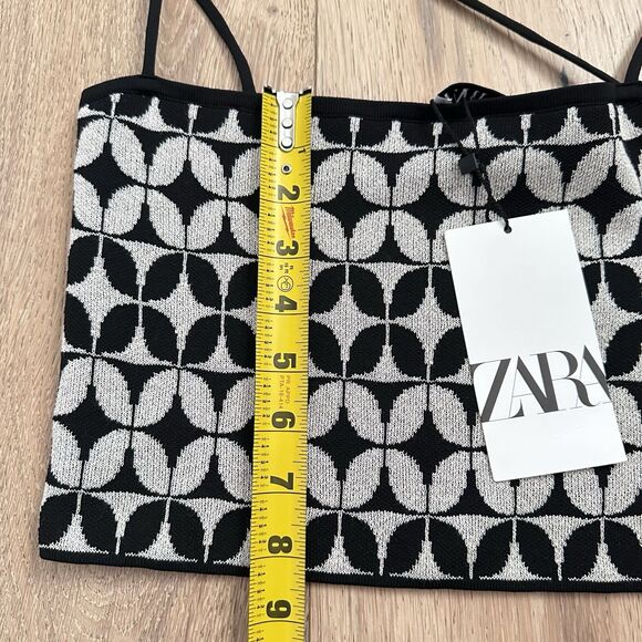 Zara Geometric Knit Top Black White Size S Small Asymmetrical Straps Crop Summer - Picture 7 of 7